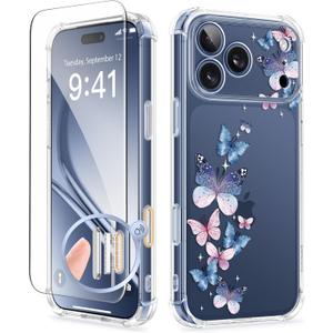 GVIEWIN for iPhone 17 Pro Case with Screen Protector, Upgraded [Full Camera Protection] [Non Yellowing] Floral Slim Shockproof Clear Women Phone Cover for iPhone 17 Pro 6.3" (Colorful Butterfly)