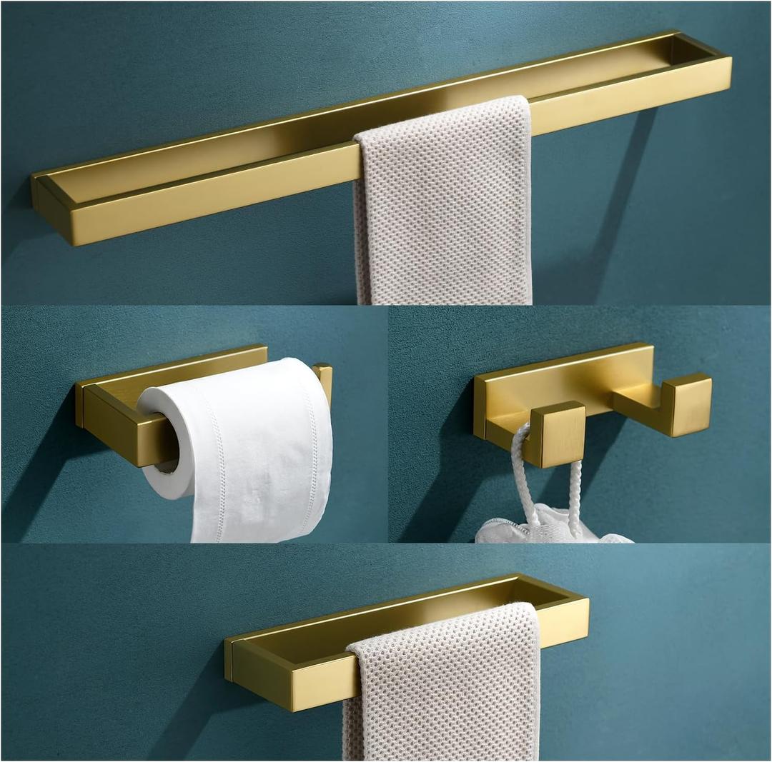 4-Piece Modern Gold Bathroom Hardware Accessories Set - Towel Bar & Holder, Stainless Steel, Wall Mounted, 23.6 Inch