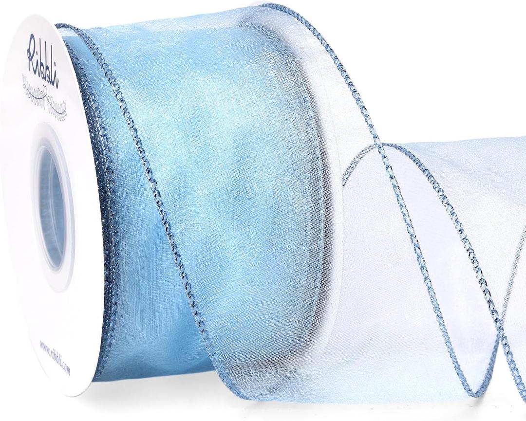 Ribbli Blue Organza Wired Ribbon, Baby Blue Sheer with Metallic Edge,2-1/2 Inch x 20 Yards Christmas Tree Ribbon for Decoration Gift Wrapping Wedding Crafts