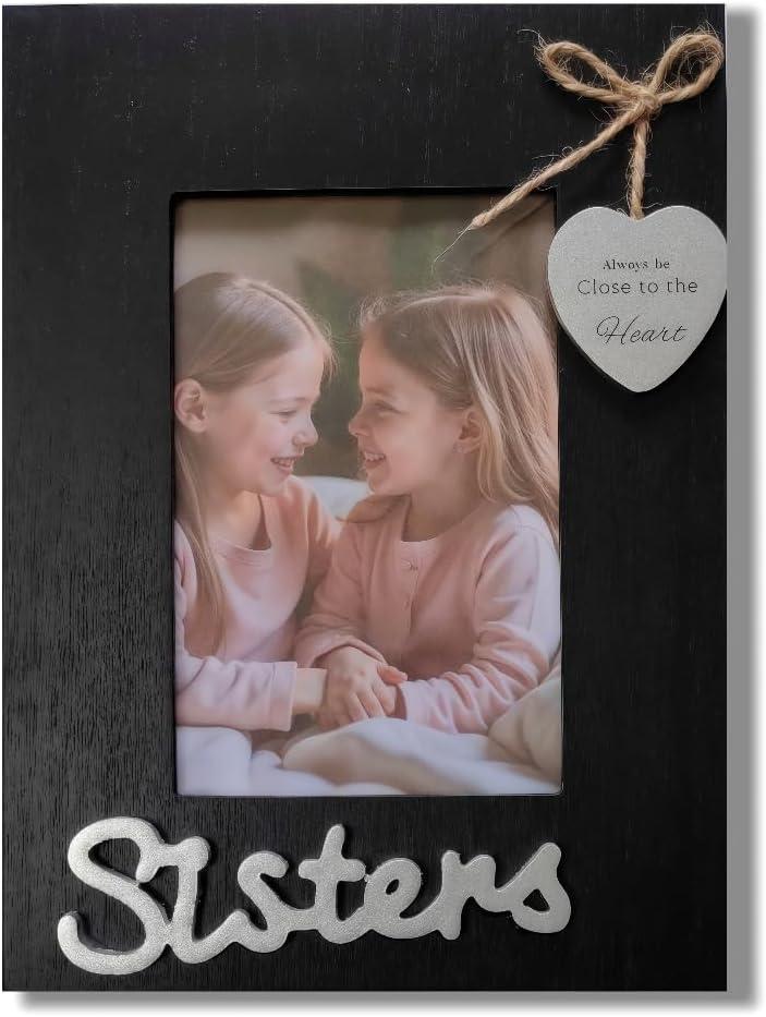 Sisters Picture Frame, Black Heart Photo Frame for Sisters and Girls 4x6 Vertical