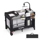 4 in 1 Height Adjustable Baby Playard, Foldable Nursery Center with Music Box Toy Rack, Side Storage, Changing Table, Large Portable Playpen for Newborns and ToddlersGray (black)