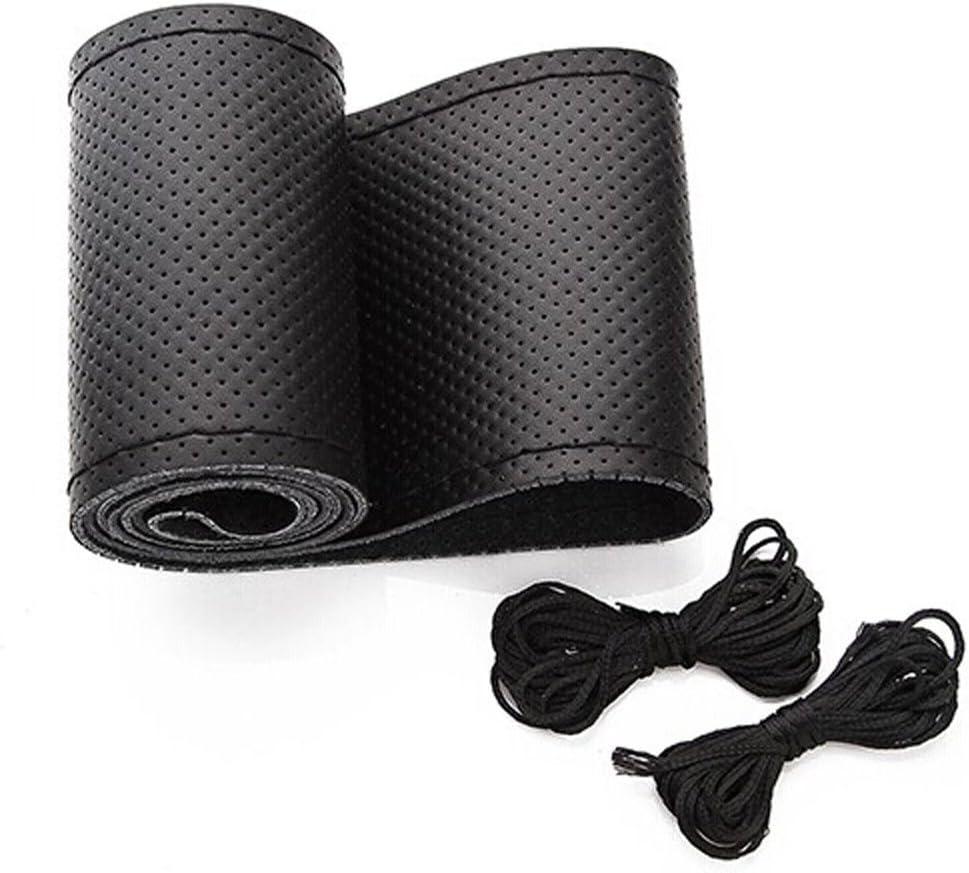 BELINOUS Universal Leather Car Steering Wheel Cover, Stitch On Wrap (Size M2, Black)