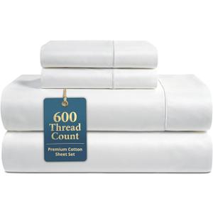 LANE LINEN Queen Sheet Set - 600 Thread Count Premium Soft Long Staple 100% Cotton Sheets, Hotel Luxury Sateen Silky Finish, Snug Fit 15" Deep Pocket, Low Pill, Machine Washable - White Sheets