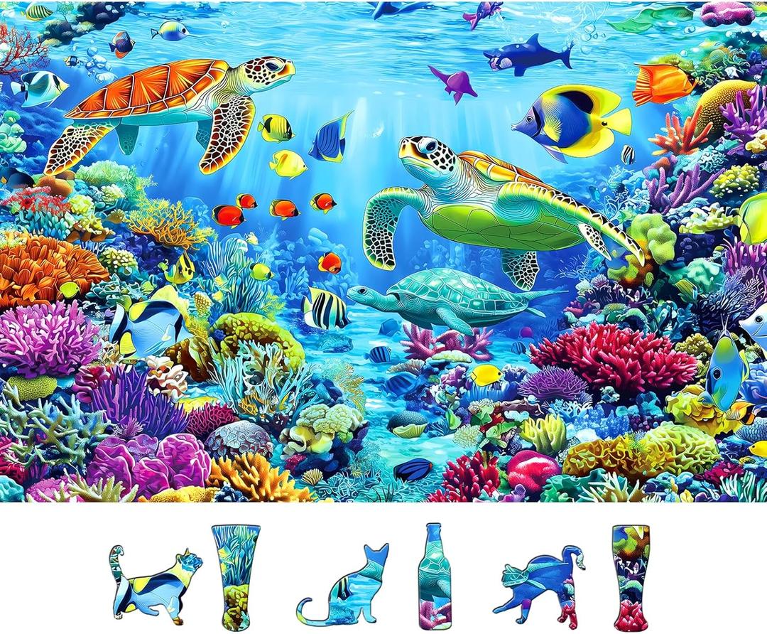 500 Piece Jigsaw Puzzles for Adults Ocean Reef Underwater Scene with Sea Turtles & Tropical Fish Puzzle for Seniors Family Challenging Puzzle with Letters on Back Perfect for Game Night (23"X15")