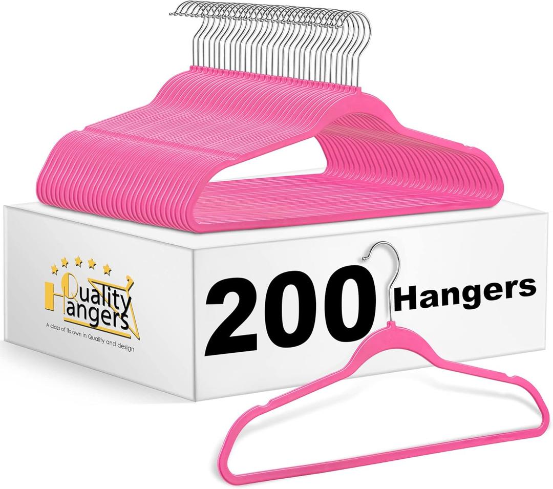 Quality Hangers 200 Pack Slim Plastic Hangers for Clothes - Sturdy Non-Velvet Pink Hangers with 360 Swivel Chrome Hook & Notches - Versatile for Coats Shirts Dresses  Pink