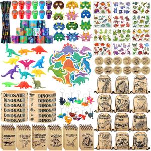 Jerify 139 Pcs Dinosaur Party Favors Include Dinosaur Party Favors Bags Silicone Wristbands Dino Figure Masks Badges Notebooks Keychains Bracelets Pencils Tattoos Toys Stampers Dino Stickers