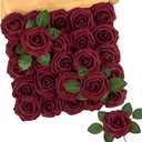 N&T NIETING Artificial Flowers, 25Pcs Fake Flowers Foam Roses with Stems Perfect DIY Wedding Bouquets Centerpieces Bridal Shower Party Mother's Day Home Flower Arrangement Decorations, Dark Red
