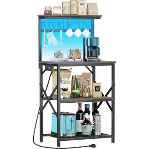 Furologee Bakers Rack with Power Outlet and LED Light, Small Coffee Bar Station with 4 Tier Shelves, Microwave Stand Table with 6 S Hooks, Kitchen Storage Rack for Spices, Pots, Black Oak