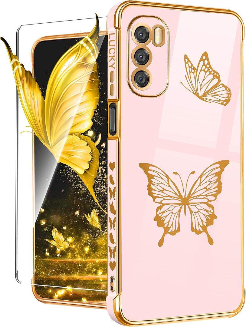 Coralogo for Moto G Stylus 5G 2022 Case (NOT FIT 4G) Butterfly for Women Girls Girly Pretty Phone Cases Cute Gold Plating Butterflies Design with Screen Cover for Motorola G Stylus 5G 2022 6.8"