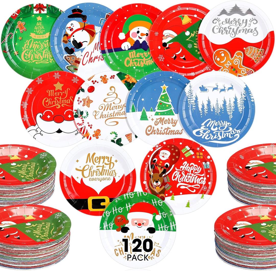 Sliner 120 Pcs 7 Inch Christmas Paper Plates Disposable Christmas Party Plates for Cookie Dessert Xmas Winter Holiday Dinner Party Supplies