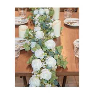 6FT Artificial Eucalyptus Garland with Flowers, 10 White Roses Baby Breath Garland Floral Greenery for Wedding Party Centerpiece Table Runner Backdrop Wall Decor Decoration