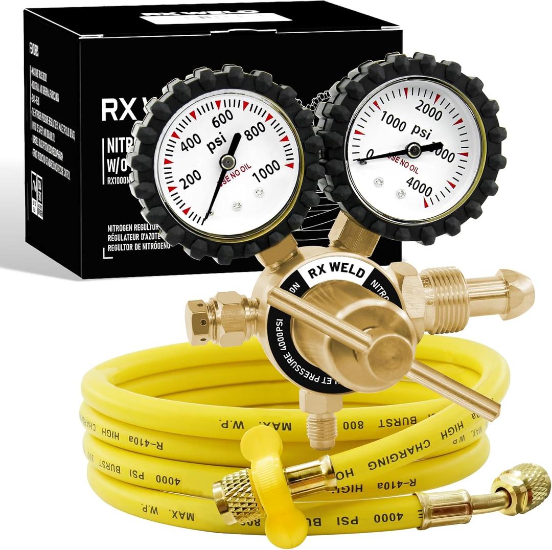 RX WELD Nitrogen Regulator with 0-1000 PSI CGA580 Inlet, Delivery Pressure Equipment Brass Inlet Outlet Connection Gauges with Refrigeration Hose