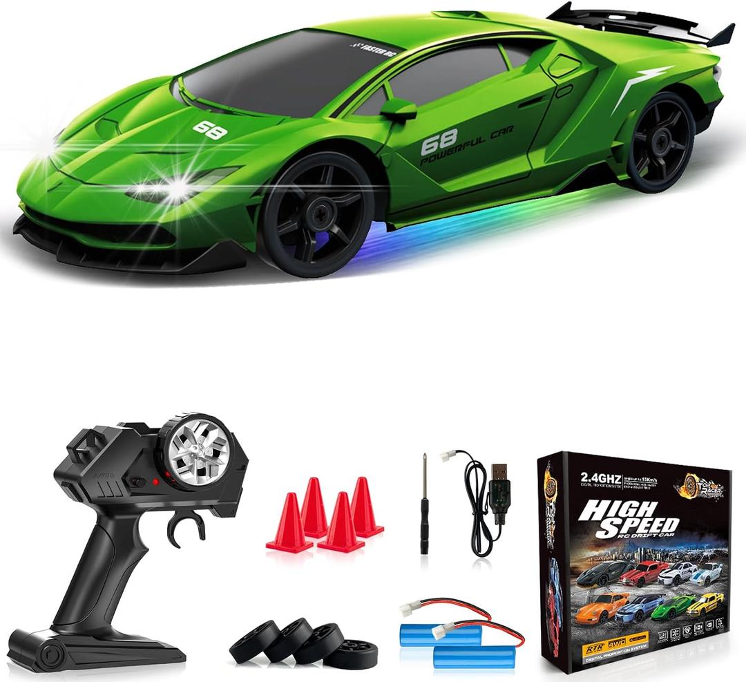 Remote Control Car RC Drift Car 2.4GHz 1:24 4WD 15KM/H High Speed Racing Sport Car with LED Lights Drifting Tire Racing Sport Toy for Adults Boys Girls Kids Gift 2Pcs Rechargeable Batteries, 7x3x2 inches