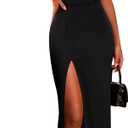 PRETTYGARDEN Women's 2025 Summer Formal Wedding Guest Dresses One Shoulder Spaghetti Strap High Slit Maxi Bodycon Dress (Large, Black)