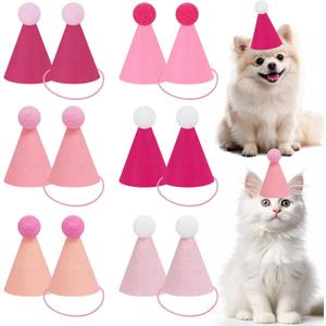12pcs Pink Mini Party Hats for Stuffed Animals, Finished Birthday Party Cone Hats, Dolls Dog Cat Assorted Animal Birthday Decorations (No Assembled Required)