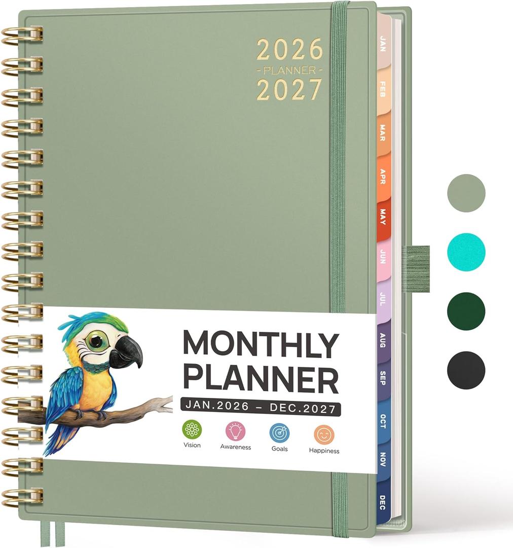 RETTACY 2026-2027 Monthly Planner, Jan 2026 - Dec 2027, Medium Size (5.7" x 8.3"), Agenda, Calendar, 24 Month Tabs, Flexible Plastic Cover, 100 GSM Thick Paper, Spiral-bound (Light Green)