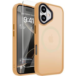 4 x DEERLAMN Magnetic Matte Case for iPhone 16 with Screen Protector, [Compatible with MagSafe][Military Grade Drop Protection] Slim Translucent Shockproof Protective Phone Cover, Yellow Bronze