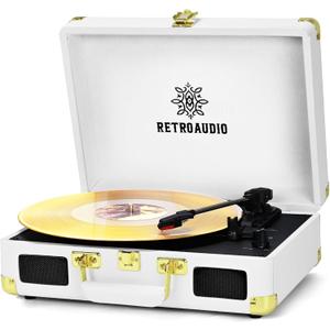 Vinyl Record Player 3-Speed Bluetooth Portable Suitcase Belt-Driven Record Player with 2 Built-in Stereo Speakers Vinyl Vintage Turntable Phonograph Records Player with RCA Line Out, AUX Out (White)