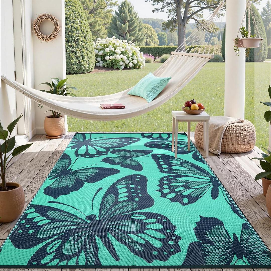Uphome Outdoor Rug Waterproof 6x9 ft, Patio Plastic Straw Rugs for RV Camping, Reversible Butterfly Mat Outside, Indoor Outdoor Floor Carpet for Back Yard Deck Balcony Porch Beach Picnic, Teal