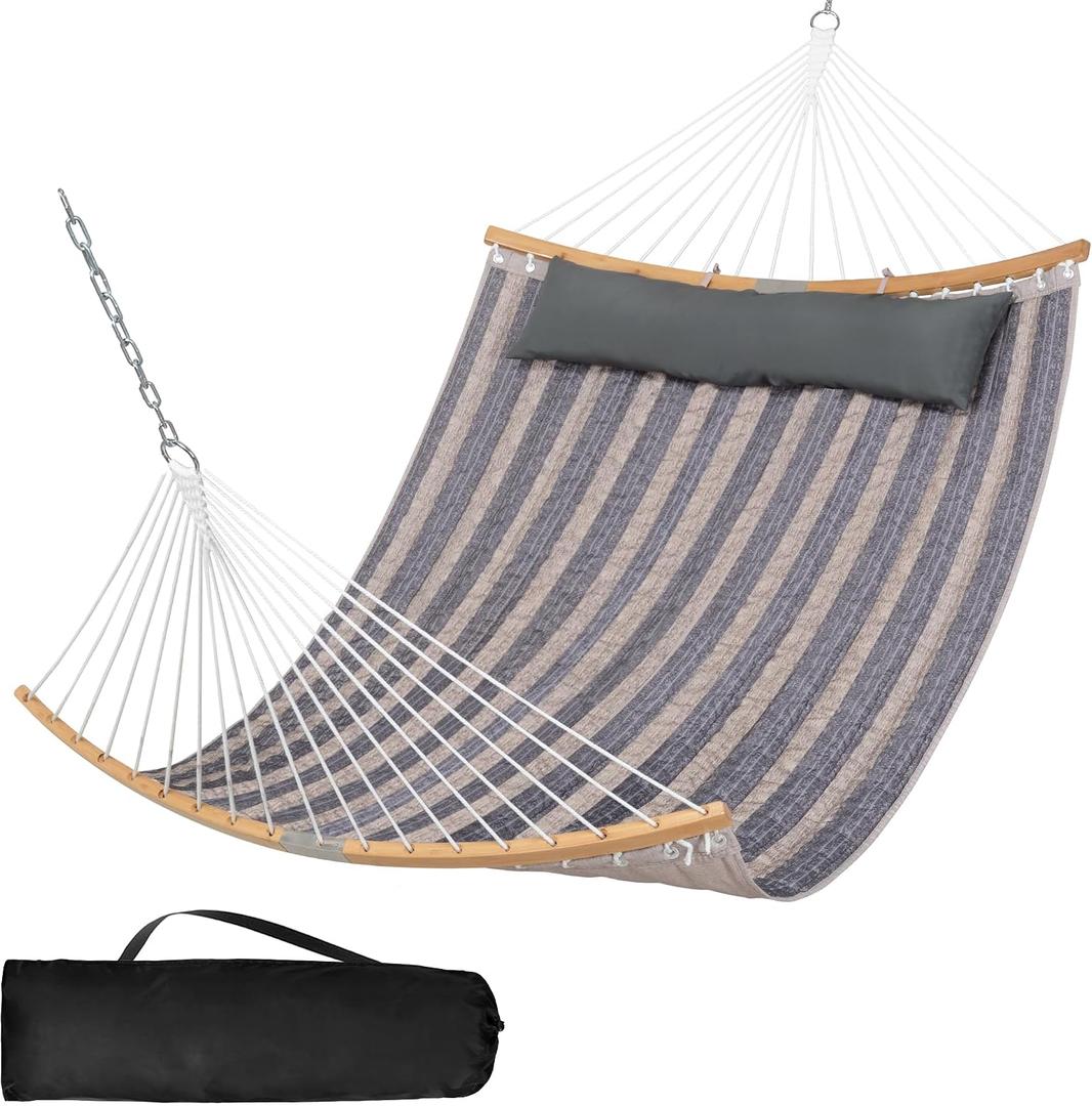 SUNCREAT Hammocks Portable Double Hammock with Curved Spreader Bar, 450 lbs Capacity, Heavy Duty Outdoor Hammock with Carrying Bag, Gray Stripes