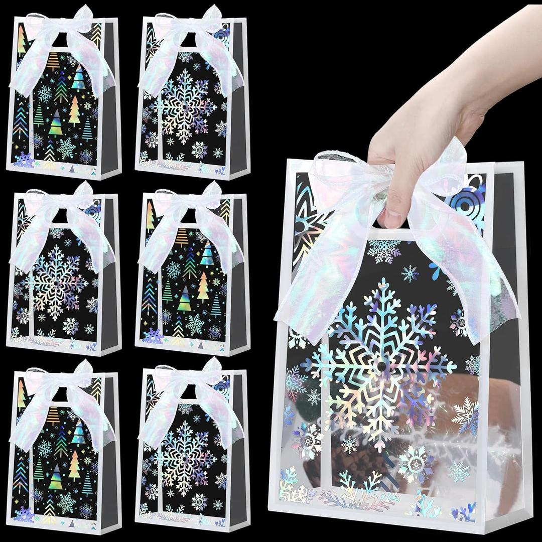 SilTriangle 24 Pcs Clear Christmas Snowflake Gift Bags with Handle Christmas Winter Transparent PVC Gift Bags with Ribbon Reusable Candy Treat Bag PVC Wrap for Xmas Party Favors(Holographic Silver)