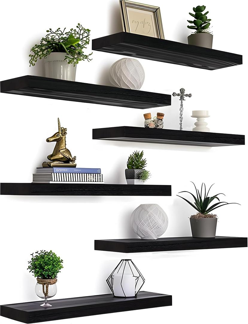 Black Wood Floating Shelves for Wall Rustic Wall Shelves for Bedroom Set of 6 (17 inch)