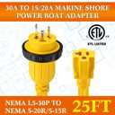 Kanayu 25FT 30 Amp to 15 Amp Marine Shore Power Adapter Extension Power Cord Compatible with NEMA L5-30P to 5-15/20R 10AWG 30Amp to 20Amp T Blade Marine Plug 125V Household Outlet Pigtail Boat Adapter
