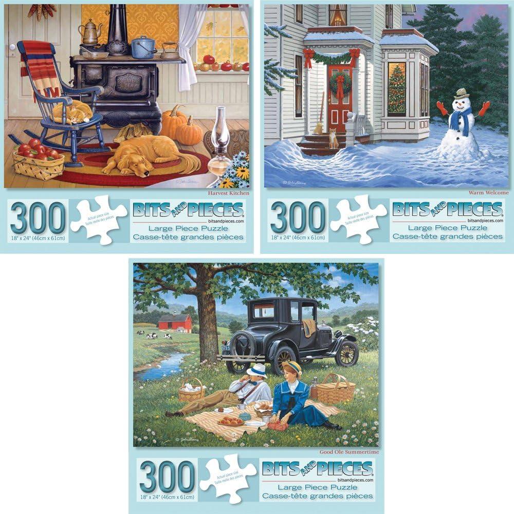 Bits and Pieces  Value Set of Three Large 300 Piece Jigsaw Puzzles for Adults  Seasons Themed Jigsaw Puzzles Designed by Artist John Sloane, Completed Puzzle Size: 18" x 24"