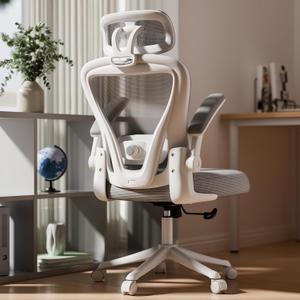 SeekFancy Ergonomic Office Chair M903, Computer Desk Chair with Wheels, High Back Mesh Office Chair with Adjustable Lumbar Support, Headrest, Flip-Up Armrests, White Grey, Medium