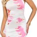 2 x VIPONES Women's Summer Tube Dress Ruched Bodycon Y2K Slim Fit Party Club Cocktail Short Mini Floral Dresses (L)