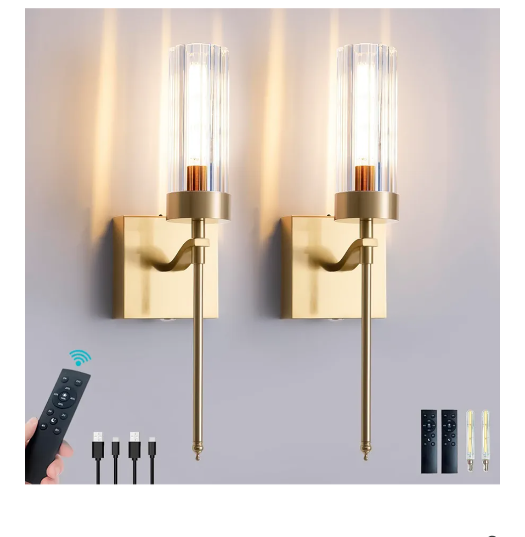 Battery Operated Wall Sconces Set of Two with Remote, Gold Rechargeable Wireless Wall Lights, Sconces Wall Decor Set of 2 Dimmable 2700K Battery Powered Sconce for Bathroom Living Room Hallway