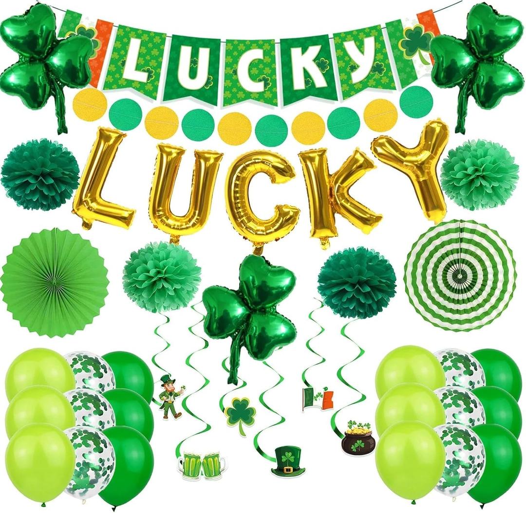 36 Pcs St. Patrick's Day Decorations Kit Green Banner Green Shamrock Garland Lucky Clover Balloon Hanging Swirls for Saint Pattys Day Decor Irish Themed Party Favor