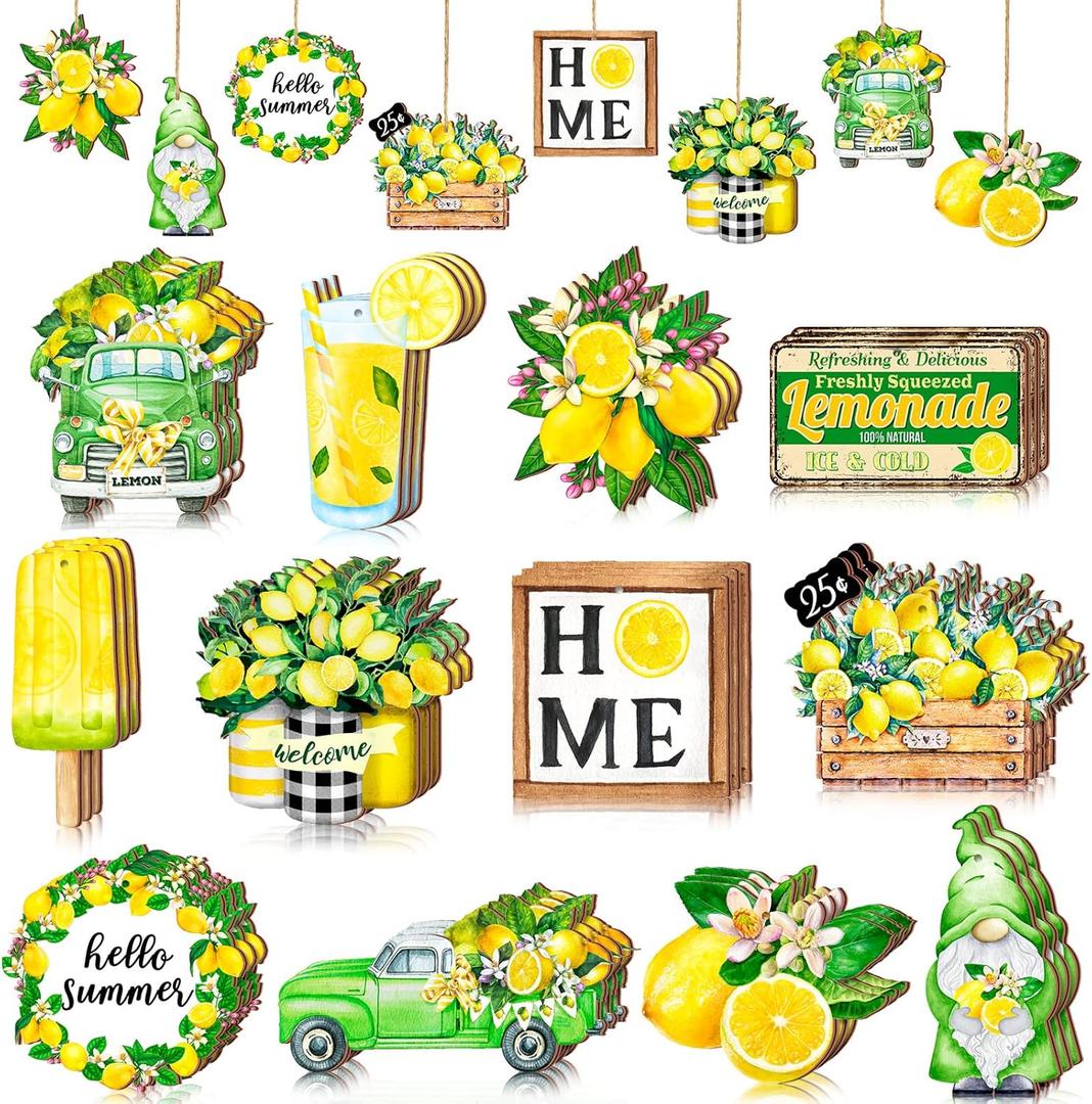 Maitys 36 Pcs Lemon Tree Ornaments Summer Ornaments Wood Gnomes Hanging Ornaments with String Decorative Fruit Tree Decoration for Home Lemon Party Decoration,QE-Maitys-ca901