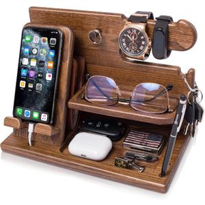 TESLYAR Wood Phone Docking Station for Men - Desk or Nightstand Organizer - Birthday Gifts for Husband or Dad - Anniversary Idea from Wife - Key Holder, Stand Wallet, Watch & Essentials (Earth Beige)
