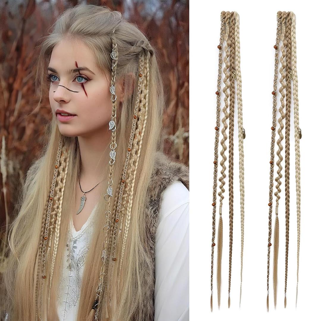 REECHO Clip in Braid Hair Extensions for Women, 20" Boho Dreadlock Clip in Braids with Beads & Charms, 2PCS Synthetic Braided Hairpieces for Cosplay Daily, Medium Blonde with Light Blonde