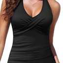 Yonique Tummy Control Tankini Top Only V Neck Swim Top Twist Front Bathing Suit Top No Bottom (Black, S)