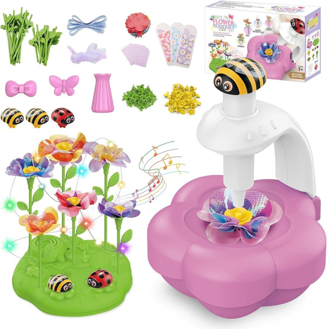 Fabric Flower Bouquets Toys with Light & Music, Deluxe DIY Arts and Crafts Kits for Kids 4-10 Year Old with Ribbons, Fridge Magnets, Greeting Cards, Birthday Gifts for Age 4 5 6 7 8 9 10 Girls (Pink)
