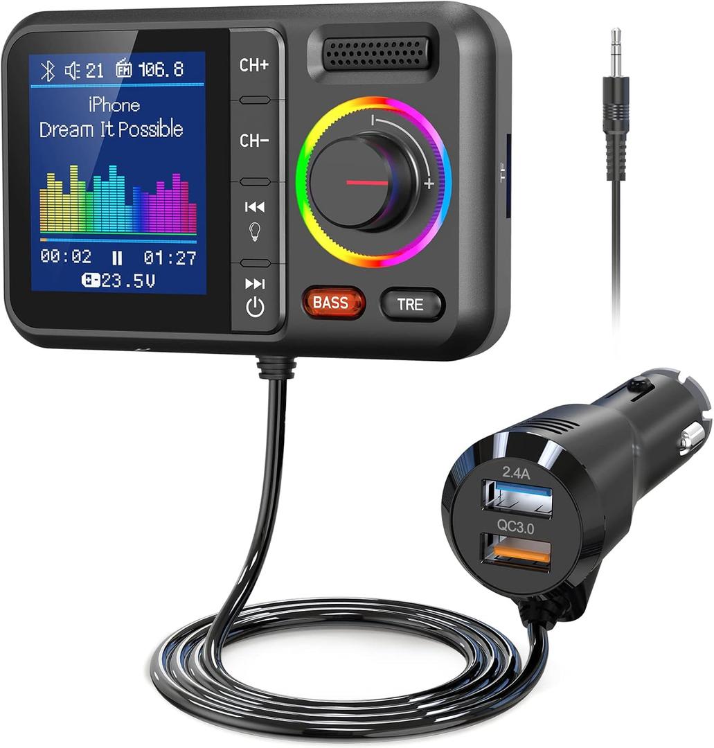 Nulaxy Bluetooth FM Transmitter for Car, Wireless Car Bluetooth V5.0 Adapter with Big Color Screen, Support QC3.0 Fast Charging, Hands-Free Call, MP3 Music Player BASS&TRE Booster, TF Card AUX-KM28 (Black)