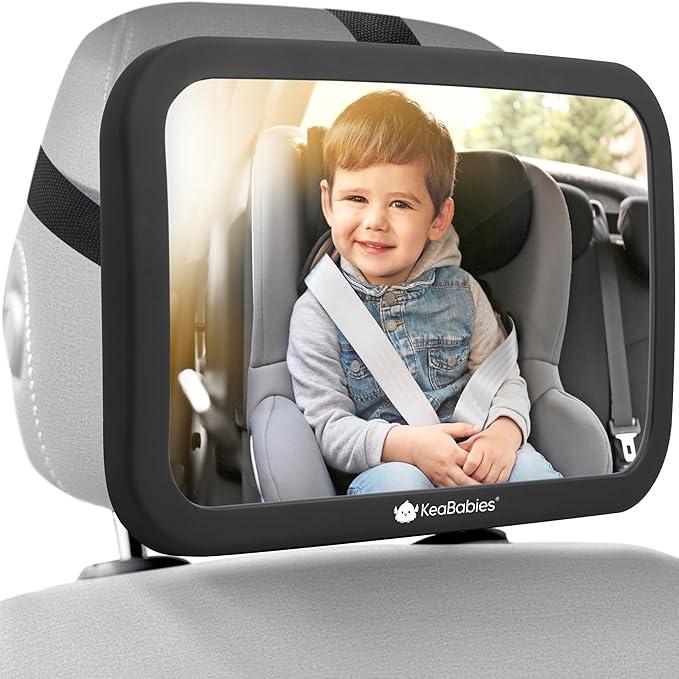 KeaBabies Baby Car Seat Mirror - Wide Shatterproof Backseat Infant Car Mirror for Baby Rear Facing, Crystal Clear View, Travel Accessories, Easy Install & Adjust for Removable Headrest (Matte Black)