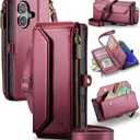 Strapurs Wallet Case Compatible with iPhone 16 Plus 6.7" RFID Blocking 10-Card Holder Soft PU Leather Magnetic Snap Shoulder Strap Zipper Pocket Phone Case Fit for iPhone 16 Plus - Wine Red
