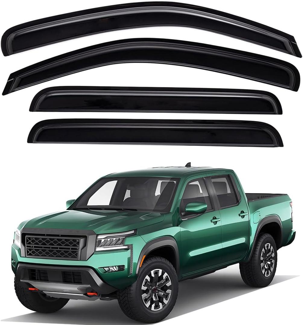 Lightronic Extra Durable Outside-Mount Auto Vent Window Visor, Fits 2022-2025 Nissan Frontier, Crew Cab, UV Protection Rain Guard, Original Wind Deflector, No-Drill Easy Install, Dark Smoke, 4-Pcs