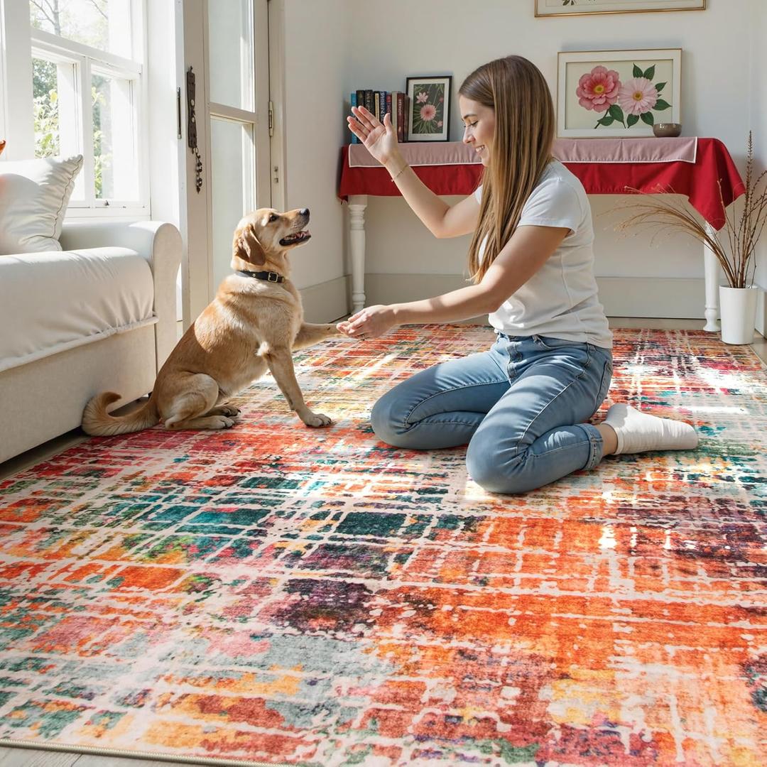 Beeiva Abstract Washable Rugs for Living Room 9x12, Modern Non Slip Area Rug, Ultra Thin Foldable Soft Carpet for Bedroom Dining Room Playroom Office - Multicolor