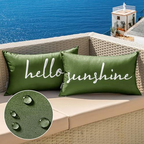 MIULEE Outdoor Waterproof Throw Pillow Covers Set of 2 Spring Hello Sunshine Decorative Outdoor Square Pillowcases for Chair Patio Garden Couch Tent Balcony Sofa Summer Olive Green 12x20 Inch