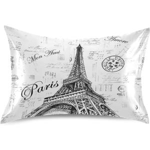 Nander Paris Eiffel Tower Satin Pillowcase for Hair and Skin Cool Soft Silk Pillow Cases No Zipper, 1 PCS Pillow Cover with Envelope Closure - 20x40 inch
