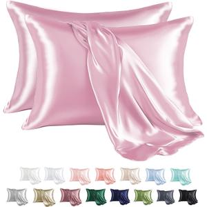 MR&HM Satin Pillowcase for Hair and Skin, Silk Satin Pillowcase 2 Pack, Standard Size Pillow Cases Set of 2, Silky Pillow Cover with Envelope Closure (20x26, Pink)