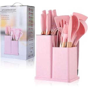 Pink Silicone Cooking Utensils, Non-stick Kitchen Set, Wooden Handle Non Toxic BPA Free