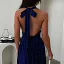 Sexy Deep V Neck Halter Glitter Bodycon Dress Sparkling Sleeveless Cocktail Party Dress Backless Women's Evening Clubwear (US, Alpha, XX-Large, Regular, Regular, Blue) (Blue, XXL)