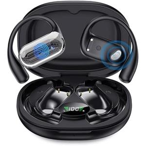 EUQQ Open Ear Bluetooth 5.4 Earbuds, Wireless Headphones Sport Over Earphones Built-in Mic with Ear Hooks, 50H Playtime Ear Buds Fast Charging, IPX7 Waterproof for Running/Workout, Black