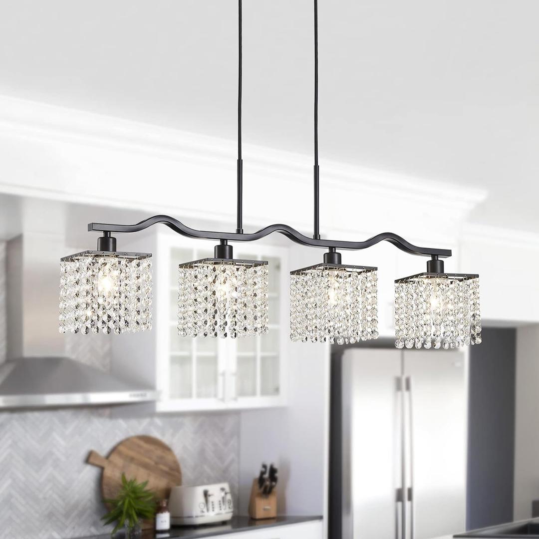 WUZUPS Crystal Chandelier 4-Light Linear Raindrop Pendant Ceiling Light Modern Lighting Fixture for Bedroom Dinning Room Bar Kitchen Island, H8.7'' W4.7'' L30.5, E12 Base, Black (Black Pendnat Light)