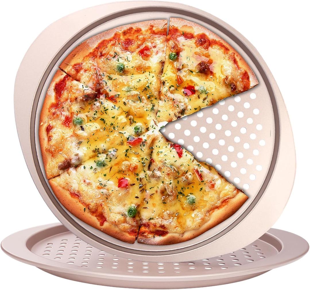 Pizza Pan Set, Nonstick Pizza Pan with Holes 13 Inch, Heavy Duty Round Perforated Pizza Tray Oven Safe, Even Heat for Crispy Homemade Pizza, Easy to Clean, Set of 2, Gold